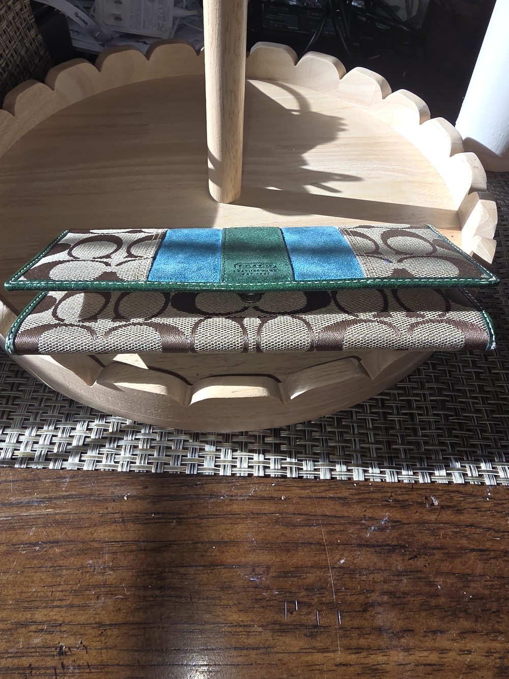 Coach Signature Canvas Bifold Long Wallet in Khaki with Teal & Green Suede - Picture 10 of 11